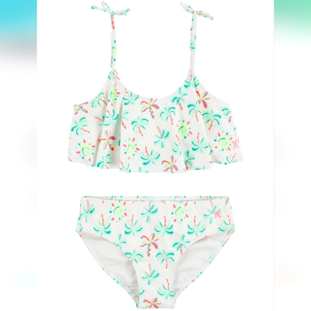 NWT HURLEY Girls 2 Piece Palm Tree Swimsuit